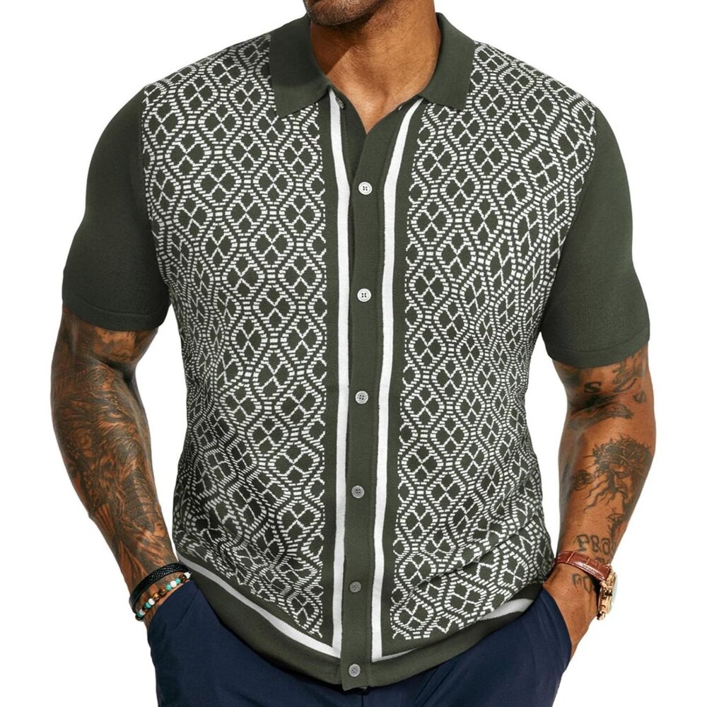 Men's Olive Green Viscose 70s Vintage Short Sleeve Contrast Knitted Polo Shirts